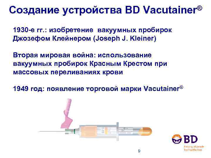 Создание устройства BD Vacutainer® 1930 -е гг. : изобретение вакуумных пробирок Джозефом Клейнером (Joseph