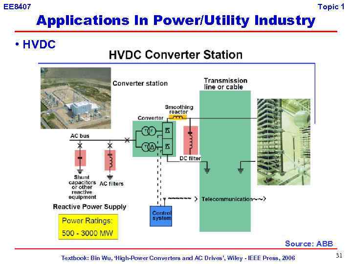 EE 8407 Applications In Power/Utility Industry Topic 1 • HVDC Source: ABB Textbook: Bin