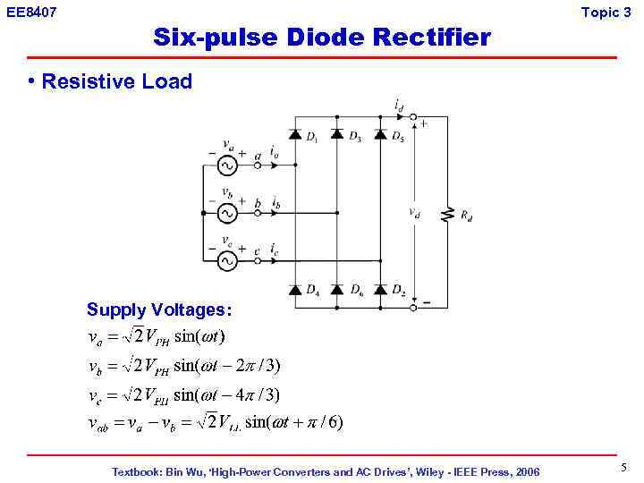 EE 8407 Six-pulse Diode Rectifier Topic 3 • Resistive Load Supply Voltages: Textbook: Bin