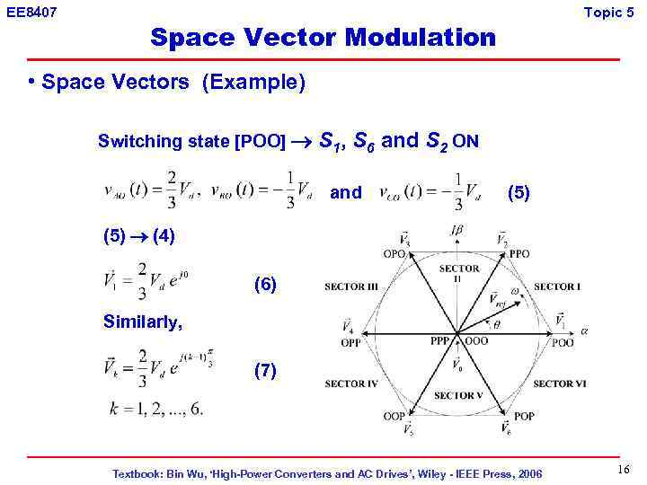 EE 8407 Topic 5 Space Vector Modulation • Space Vectors (Example) Switching state [POO]