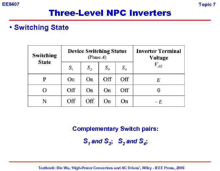 EE 8407 Three-Level NPC Inverters • Switching State Complementary Switch pairs: S 1 and