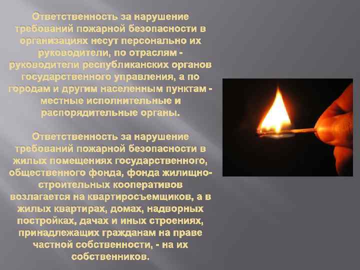 Ответственность за нарушение требований пожарной безопасности в организациях несут персонально их руководители, по отраслям