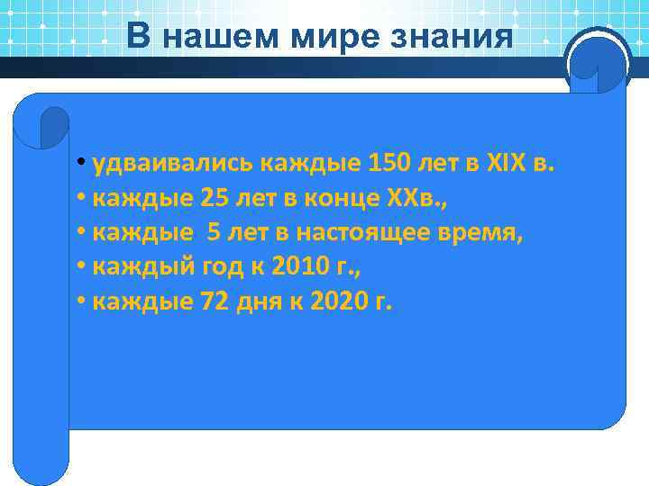 В нашем мире знания • удваивались каждые 150 лет в XIX в. • каждые