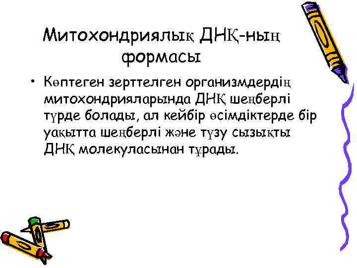 Митохондриялық ДНҚ-ның формасы • Көптеген зерттелген организмдердің митохондрияларында ДНҚ шеңберлі түрде болады, ал кейбір