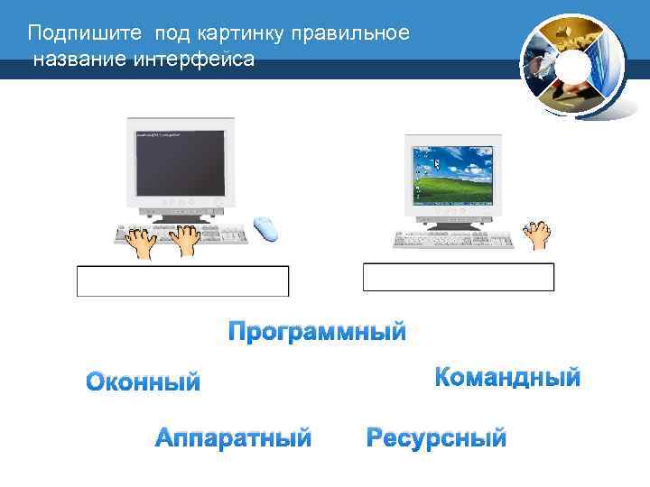 Подпишите под картинку правильное название интерфейса Программный Оконный Аппаратный Командный Ресурсный 
