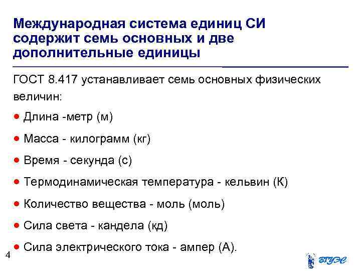 Международная система единиц СИ содержит семь основных и две дополнительные единицы ГОСТ 8. 417