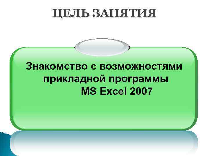 ЦЕЛЬ ЗАНЯТИЯ Знакомство с возможностями прикладной программы MS Excel 2007 