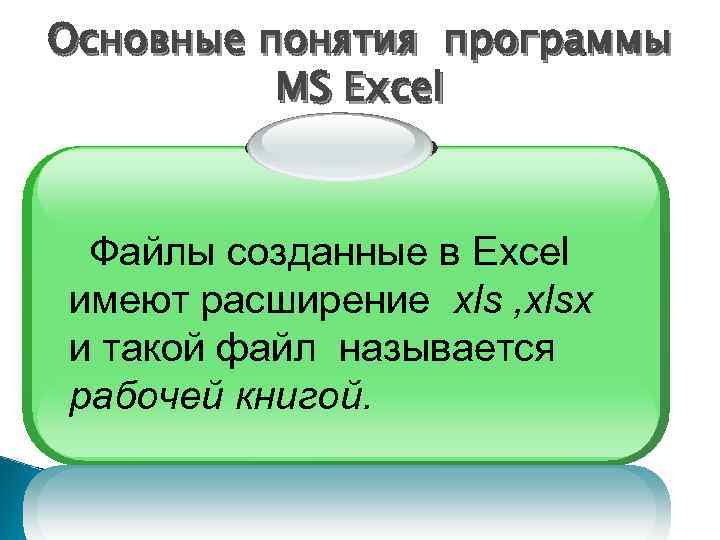 Основные понятия программы MS Excel Файлы созданные в Excel имеют расширение xls , xlsx