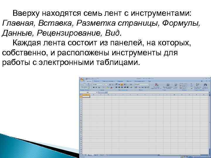 Вверху находятся семь лент с инструментами: Главная, Вставка, Разметка страницы, Формулы, Данные, Рецензирование, Вид.