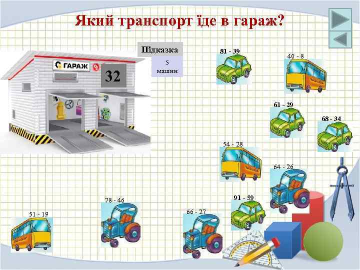 Який транспорт їде в гараж? Підказка 32 81 - 39 5 машин 40 -