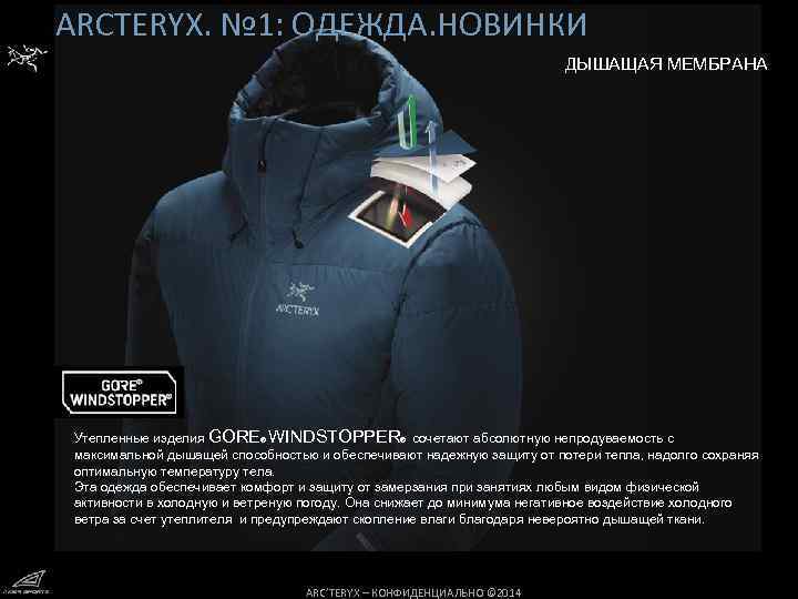 АRCTERYX. № 1: ОДЕЖДА. НОВИНКИ ДЫШАЩАЯ МЕМБРАНА Утепленные изделия GORE® WINDSTOPPER® сочетают абсолютную непродуваемость