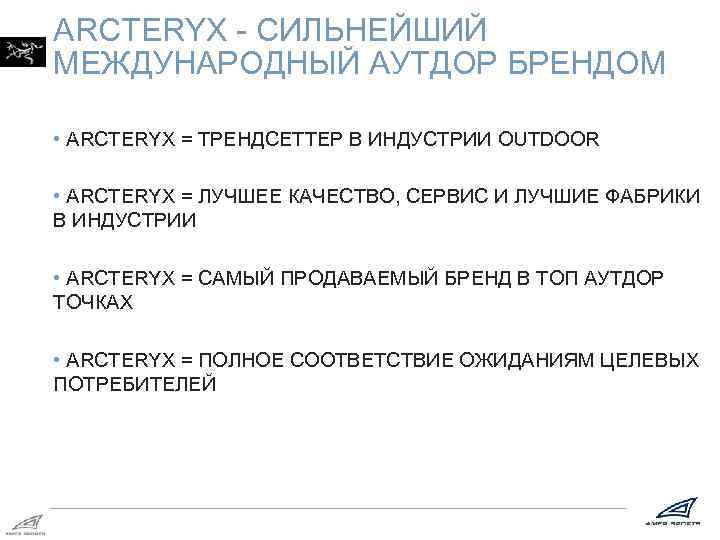 ARCTERYX - СИЛЬНЕЙШИЙ МЕЖДУНАРОДНЫЙ АУТДОР БРЕНДОМ • ARCTERYX = ТРЕНДСЕТТЕР В ИНДУСТРИИ OUTDOOR •