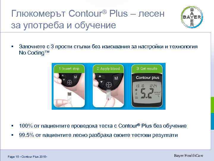 Глюкомерът Contour® Plus – лесен за употреба и обучение § Започнете с 3 прости