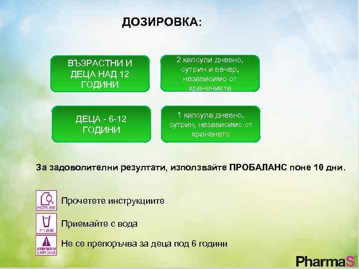 ДОЗИРОВКА: ŽELUČANOOTPORNA VEGETABILNA KAPSULA ВЪЗРАСТНИ И ДЕЦА НАД 12 ГОДИНИ 2 капсули дневно, сутрин
