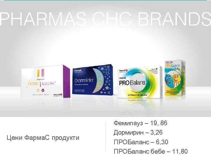 Цени Фарма. С продукти Фемипауз – 19, 86 Дормирин – 3, 26 ПРОБаланс –