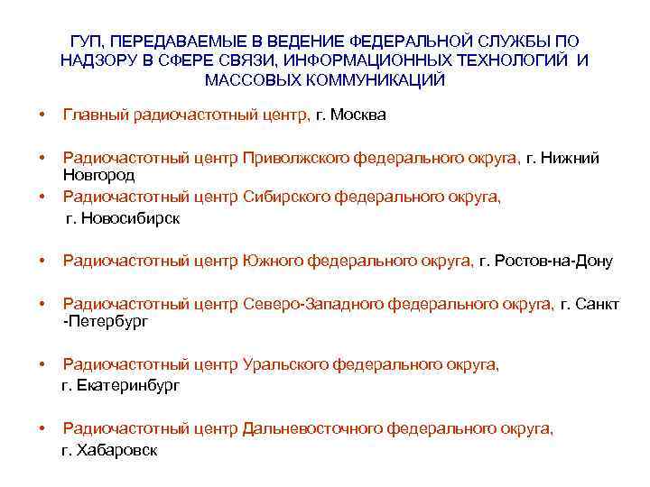 ГУП, ПЕРЕДАВАЕМЫЕ В ВЕДЕНИЕ ФЕДЕРАЛЬНОЙ СЛУЖБЫ ПО НАДЗОРУ В СФЕРЕ СВЯЗИ, ИНФОРМАЦИОННЫХ ТЕХНОЛОГИЙ И