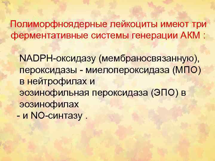 Полиморфноядерные лейкоциты имеют три ферментативные системы генерации АКМ : NАDPН-оксидазу (мембраносвязанную), пероксидазы - миелопероксидаза