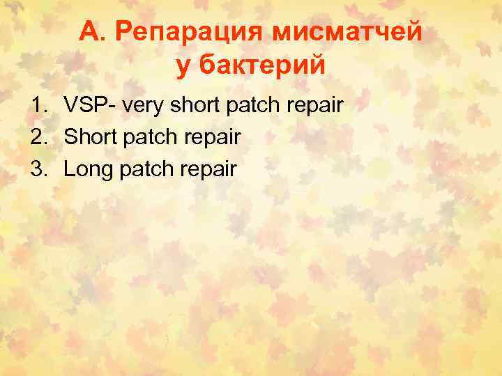 А. Репарация мисматчей у бактерий 1. VSP- very short patch repair 2. Short patch