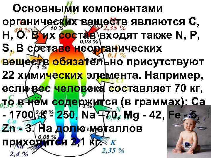 Основными компонентами органических веществ являются С, Н, О. В их состав входят также N,