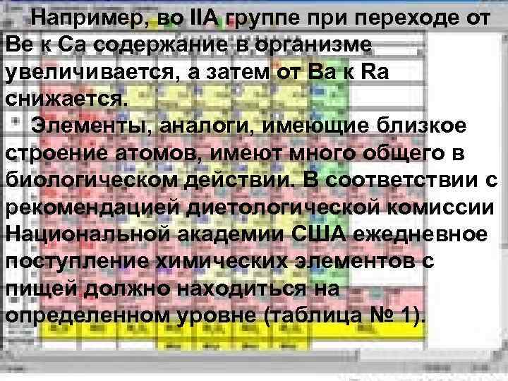 Например, во IIА группе при переходе от Be к Са содержание в организме увеличивается,