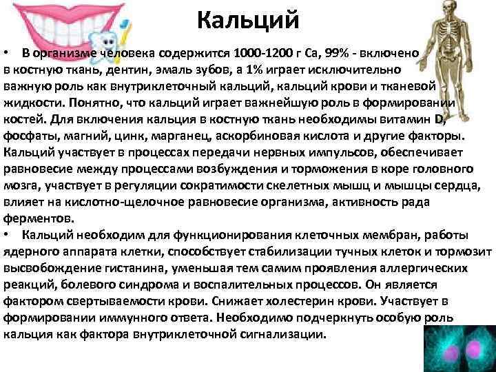 Кальций • В организме человека содержится 1000 -1200 г Са, 99% - включено в