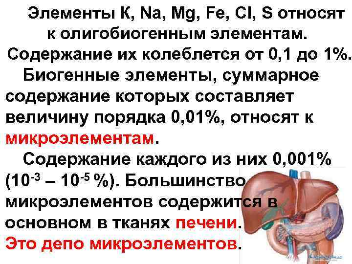 Элементы К, Na, Mg, Fe, Сl, S относят к олигобиогенным элементам. Содержание их колеблется