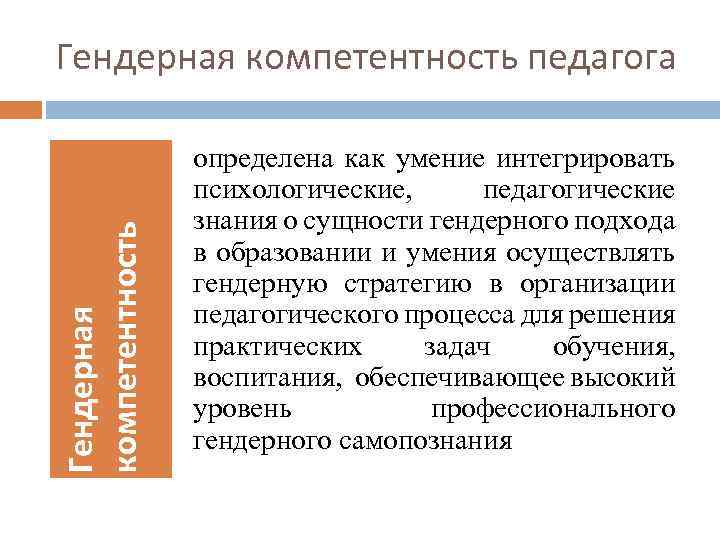 Гендерная компетентность педагога определена как умение интегрировать психологические, педагогические знания о сущности гендерного подхода