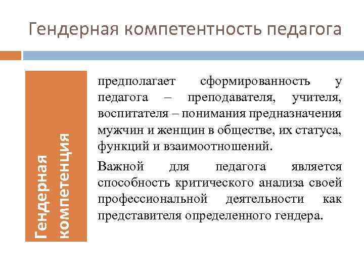 Гендерная компетенция Гендерная компетентность педагога предполагает сформированность у педагога – преподавателя, учителя, воспитателя –