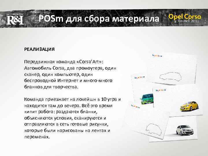 POSm для сбора материала РЕАЛИЗАЦИЯ Передвижная команда «Corsa’Art» : Автомобиль Corsa, два промоутера, один