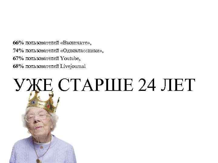 66% пользователей «Вконтакте» , 74% пользователей «Одноклассники» , 67% пользователей Youtube, 68% пользователей Livejournal