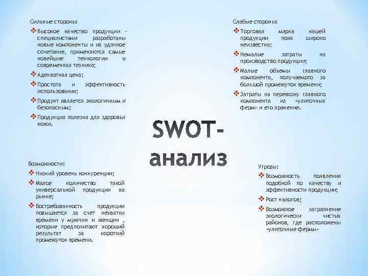 Сильные стороны: Слабые стороны: v Высокое v Торговая качество продукции – специалистами разработаны новые