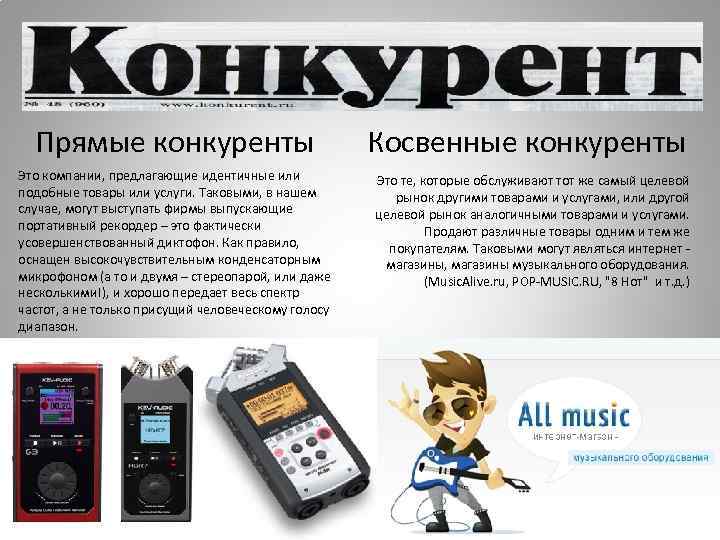 Прямые конкуренты Это компании, предлагающие идентичные или подобные товары или услуги. Таковыми, в нашем