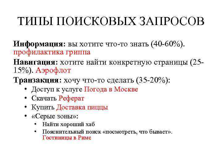 ТИПЫ ПОИСКОВЫХ ЗАПРОСОВ Информация: вы хотите что-то знать (40 -60%). профилактика гриппа Навигация: хотите