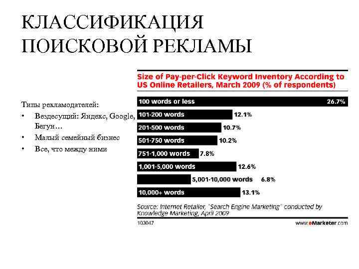 КЛАССИФИКАЦИЯ ПОИСКОВОЙ РЕКЛАМЫ Типы рекламодателей: • Вездесущий: Яндекс, Google, Бегун… • Малый семейный бизнес