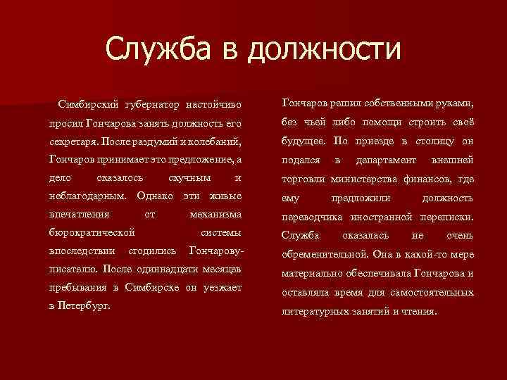Служба в должности Симбирский губернатор настойчиво Гончаров решил собственными руками, просил Гончарова занять должность