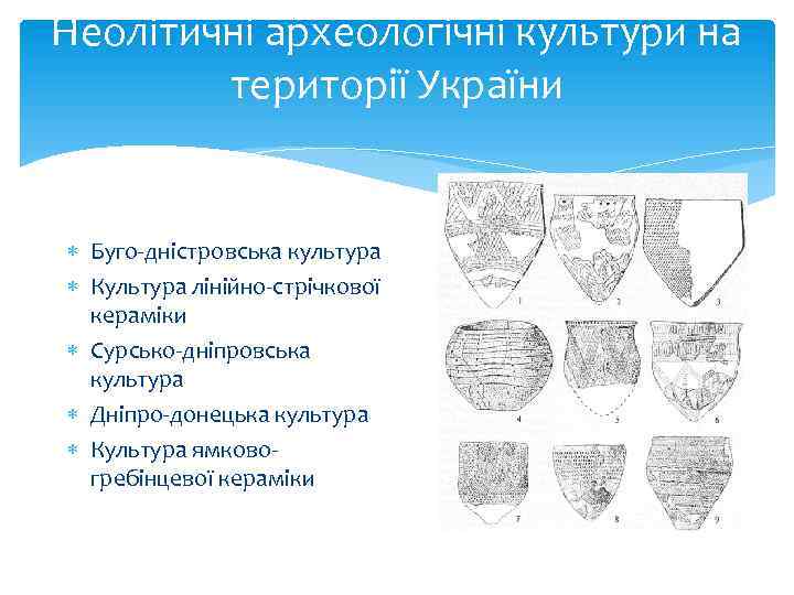 Неолітичні археологічні культури на території України Буго-дністровська культура Культура лінійно-стрічкової кераміки Сурсько-дніпровська культура Дніпро-донецька