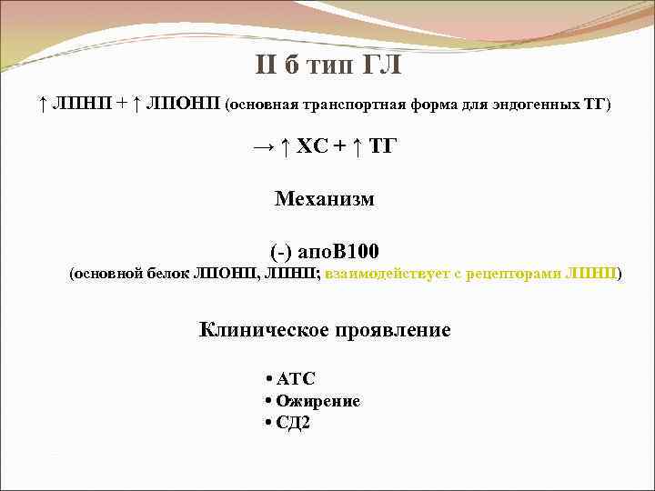 II б тип ГЛ ↑ ЛПНП + ↑ ЛПОНП (основная транспортная форма для эндогенных