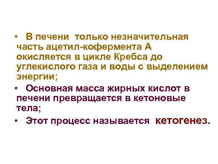  • В печени только незначительная часть ацетил-кофермента А окисляется в цикле Кребса до