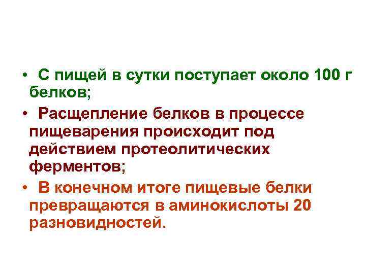  • С пищей в сутки поступает около 100 г белков; • Расщепление белков