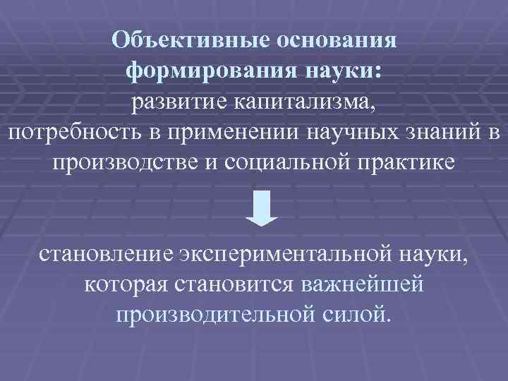 Объективные основания формирования науки: развитие капитализма, потребность в применении научных знаний в производстве и