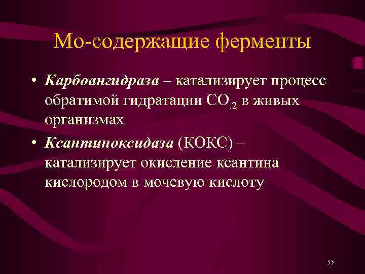 Mo-содержащие ферменты • Карбоангидраза – катализирует процесс обратимой гидратации СО. 2 в живых организмах