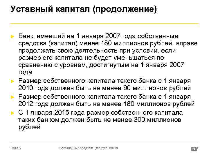 Уставный капитал (продолжение) ► ► Банк, имевший на 1 января 2007 года собственные средства