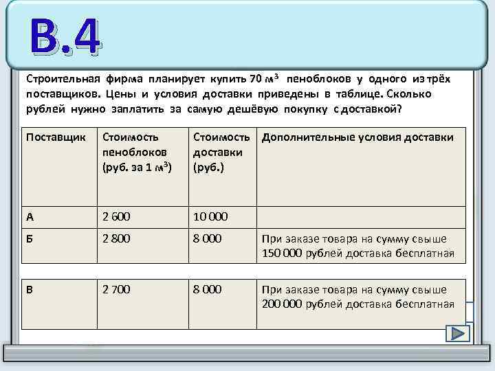 В. 4 Строительная фирма планирует купить 70 м 3 пеноблоков у одного из трёх