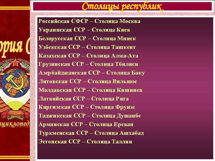 Столицы республик Российская СФСР – Столица Москва Украинская ССР – Столица Киев Белорусская ССР