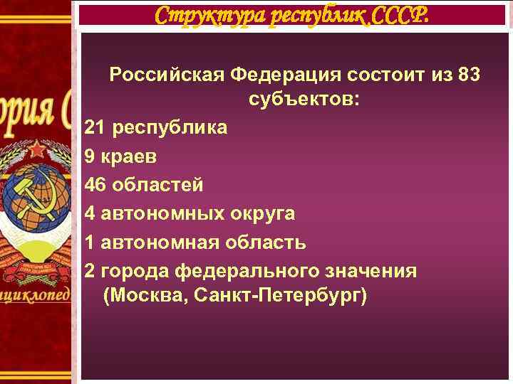 Структура республик СССР. Российская Федерация состоит из 83 субъектов: 21 республика 9 краев 46