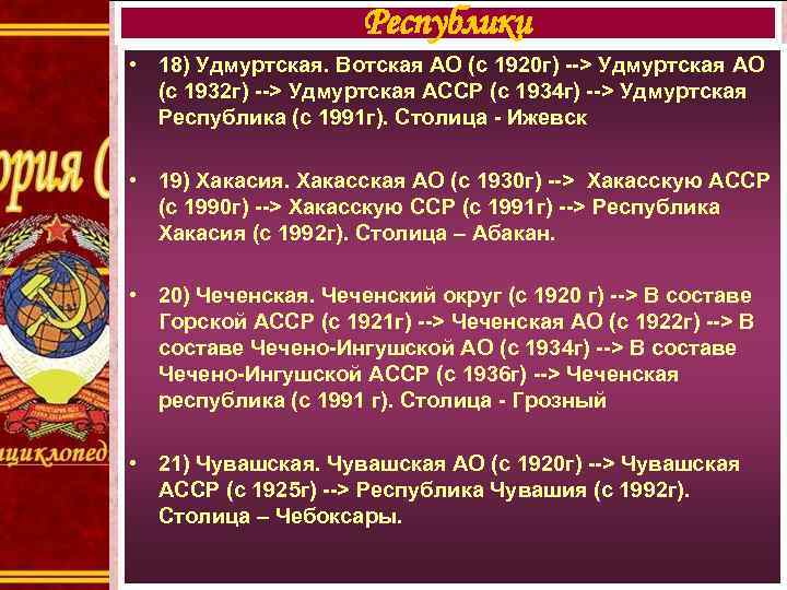 Республики • 18) Удмуртская. Вотская АО (с 1920 г) --> Удмуртская АО (с 1932