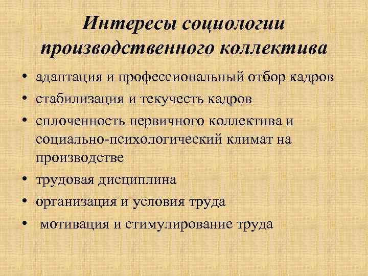 Интересы социологии производственного коллектива • адаптация и профессиональный отбор кадров • стабилизация и текучесть