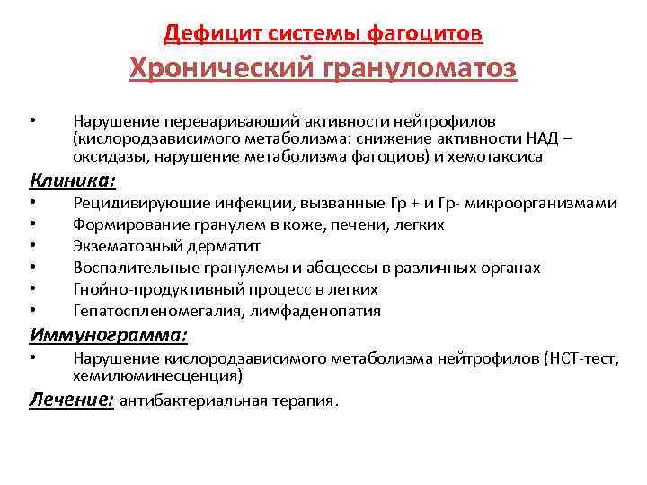 Дефицит системы фагоцитов Хронический грануломатоз • Нарушение переваривающий активности нейтрофилов (кислородзависимого метаболизма: снижение активности