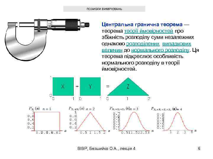 ПОХИБКИ ВИМІРЮВАНЬ Центральна гранична теорема — теорема теорії ймовірностей про збіжність розподілу суми незалежних