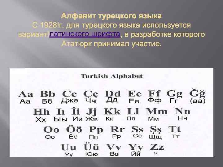Алфавит турецкого языка С 1928 г. для турецкого языка используется латинского шрифта вариант латинского